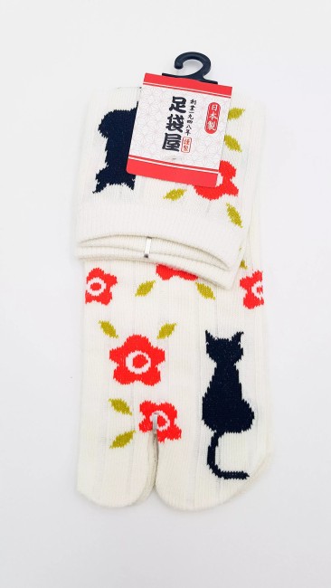 Chaussettes Tabi japonaises Chat noir Sakura Chaussettes japonaises Tabi motif chat noir et fleurs de Sakura - blanc