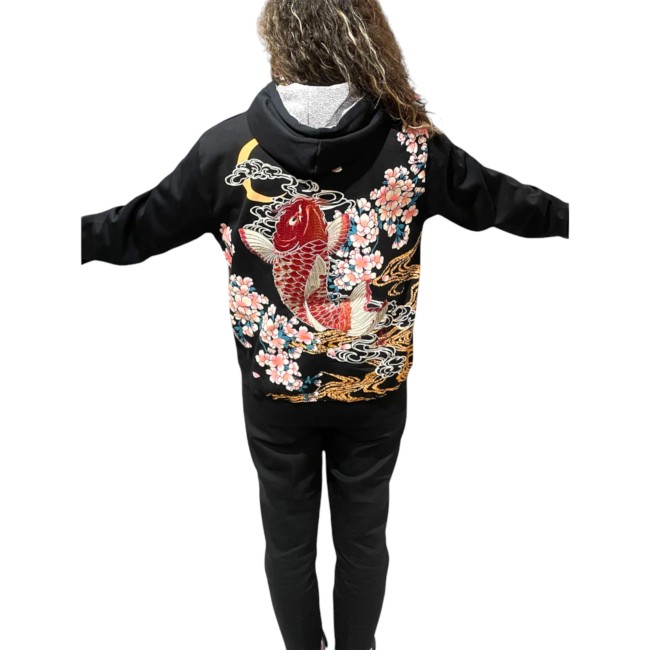 Sweat japonais à capuche brodé carpe Koï unisexe Akamon