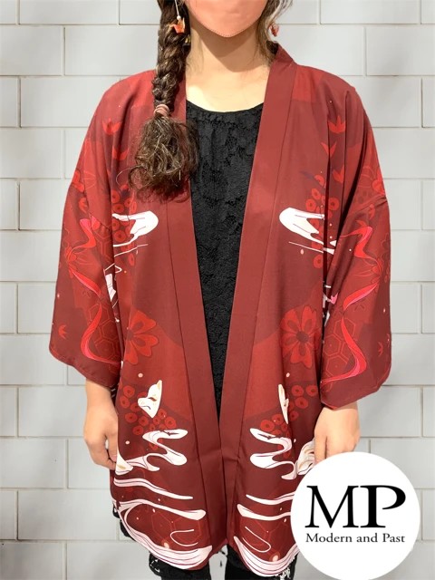 Grande Veste de Kimono moderne japonais, bordeaux, Oji Kitsune renard, boutique mode japonaise | Modern and Past à Brest