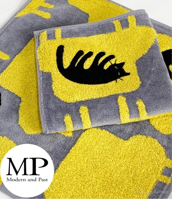 Mini serviette japonaise motif chat endormi Atsuko Matano gris jaune