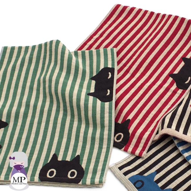 Grande serviette japonaise rayée verte motif chat MMST