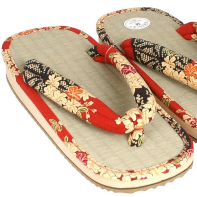 Sandales Zori japonaises rouges modèle Naomi fabrication japonaise Zori japonaises Naomi rouge en paille avec hanao coton fleuri