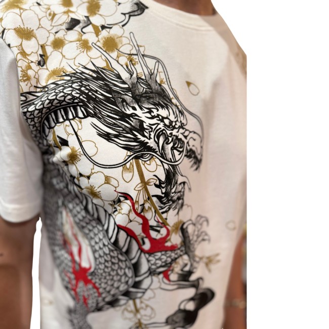 T-shirt Sukajan blanc dragon et tigre brodés en relief