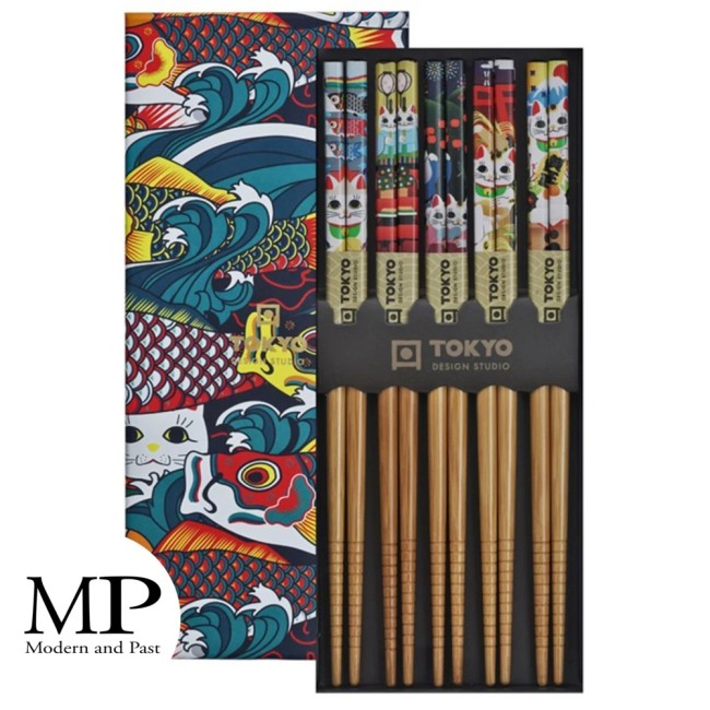 Coffret 5 paires de baguettes japonaises Lucky Cat et Koinobori Tokyo Design Studio Coffret 5 paires de baguettes japonaises Lucky Cat et Koinobori