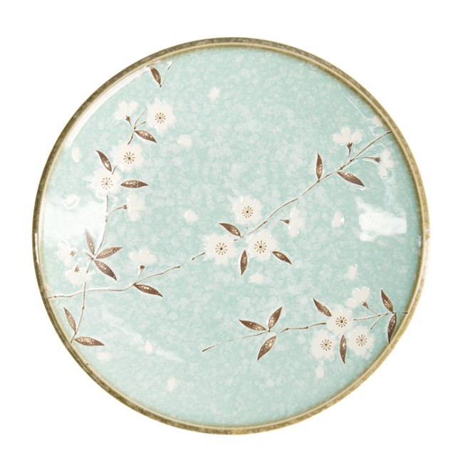 Assiette japonaise turquoise Sakura Ø26 cm fleurs cerisier relief