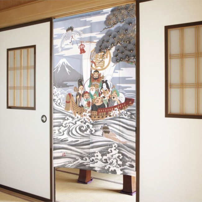 Noren japonais Sept Divinités du Bonheur avec mont Fuji