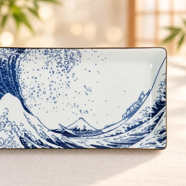 Assiette Hokusai rectangulaire en porcelaine japonaise - Modern and Past Assiette japonaise rectangulaire Hokusai Grande Vague de Kanagawa et Mont Fuji - Modern and Past