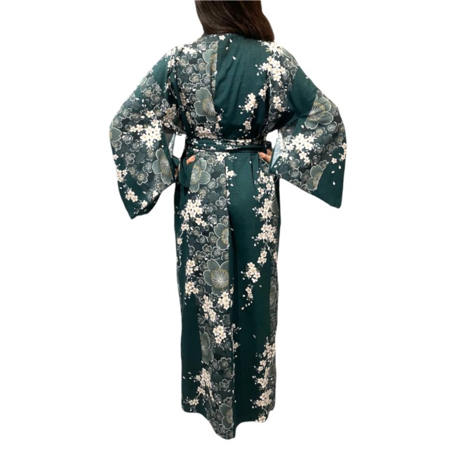 Yukata japonais femme coton vert avec motifs floraux