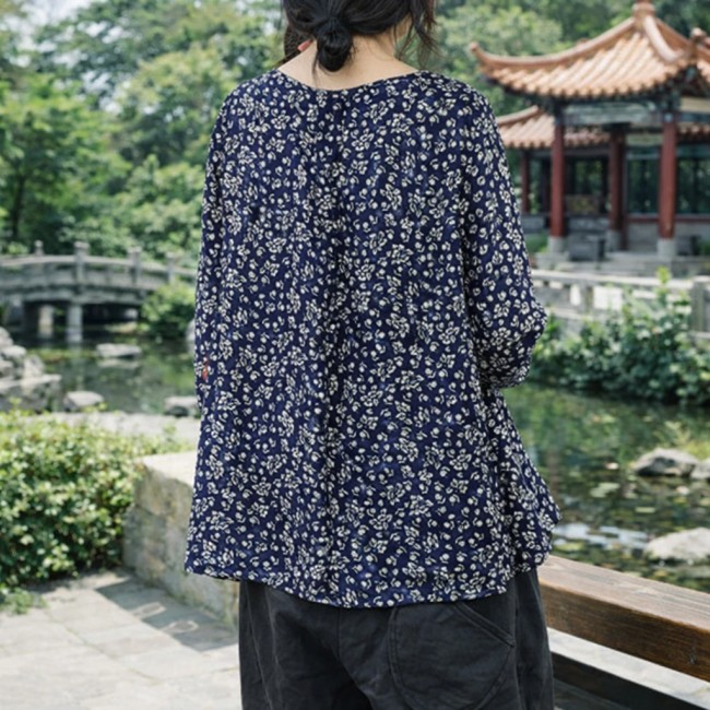 Chemisier bleu 100% coton manches trois-quarts patchwork fleurs