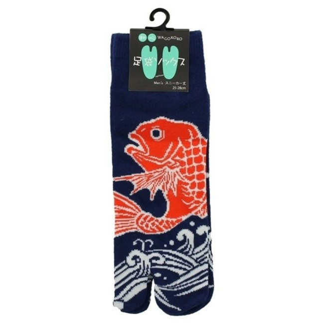 Chaussettes japonaises Tabi bleues aux motifs de Carpe Koï rouge taille 39 à 44