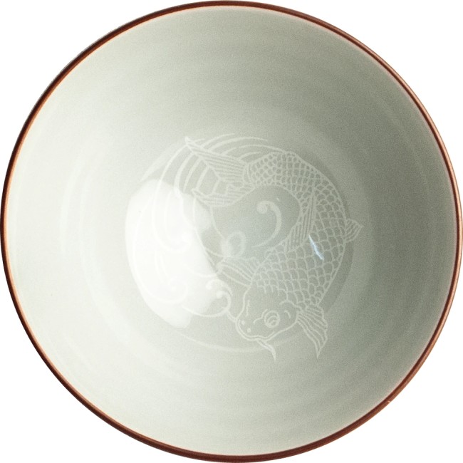 bol japonais porcelaine bleu motif carpe koi