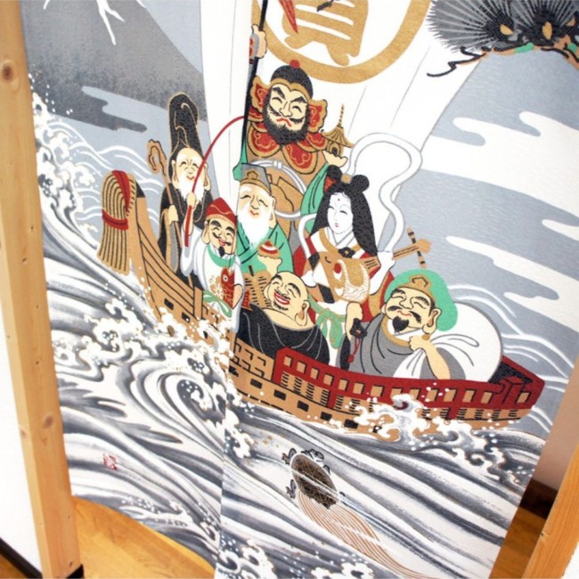 Noren japonais Sept Divinités du Bonheur avec mont Fuji
