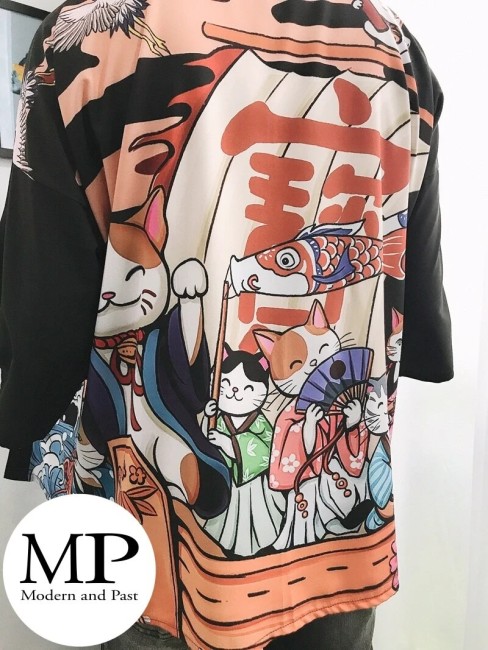Kimono moderne japonais unisexe motif Neko Kodomo No Hi Koinobori festival 