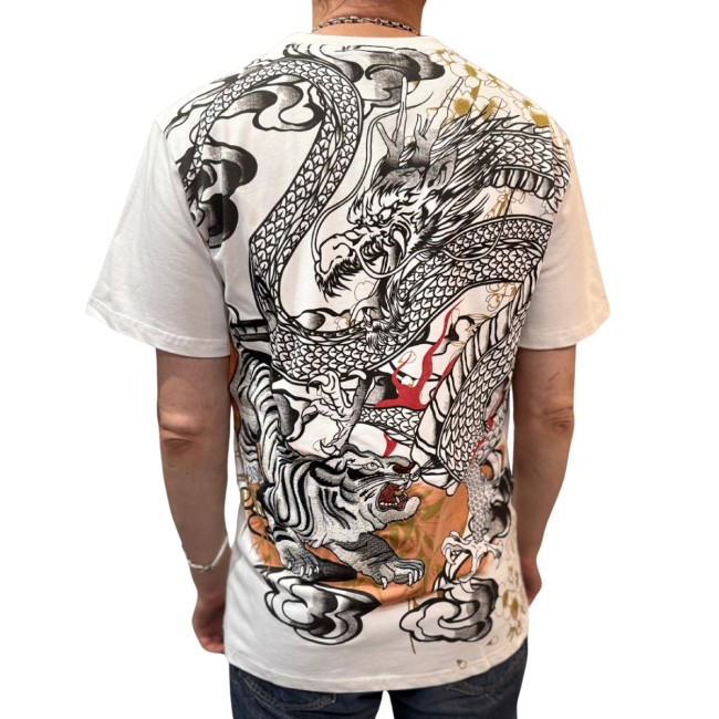 T-shirt Sukajan blanc dragon et tigre brodés en relief
