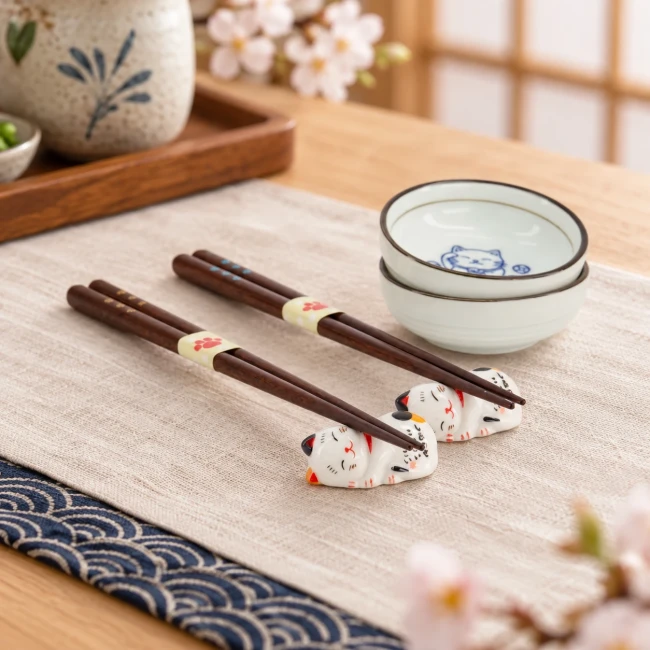 Coffret baguettes japonaises Neko et Maneki Neko - Modern and Past Coffret de baguettes japonaises Neko avec coupelles Maneki Neko - Modern and Past