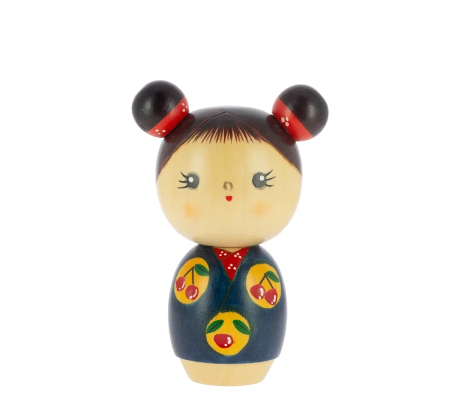 Poupée japonaise Kokeshi Sakuranbo bleue aux motifs de cerises - Modern and Past