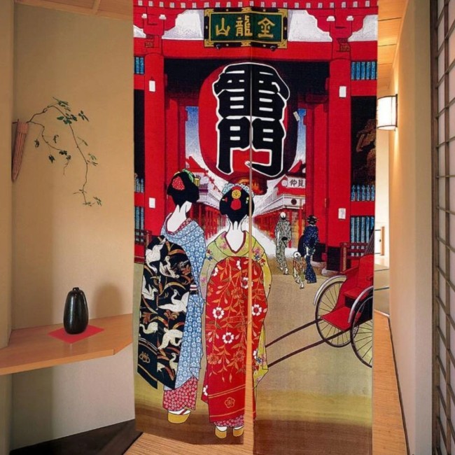 Noren japonais Kaminari – Rideau de porte traditionnel – Fabriqué au Japon Noren japonais Kaminari avec geishas dans une ruelle fabriqué au Japon