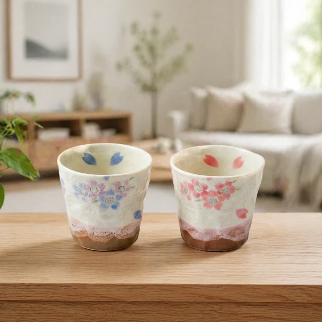 Tasses japonaises Shirakumo Sakura bleu et rose en porcelaine de Mino - Modern and Past