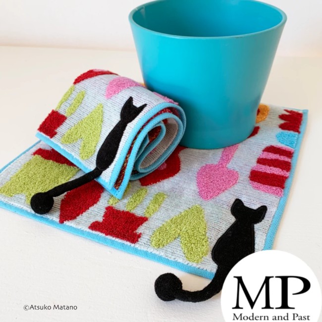 Mini serviette japonaise bleue en coton éponge motif chat Gardening Atsuko Matano fabriquée au Japon