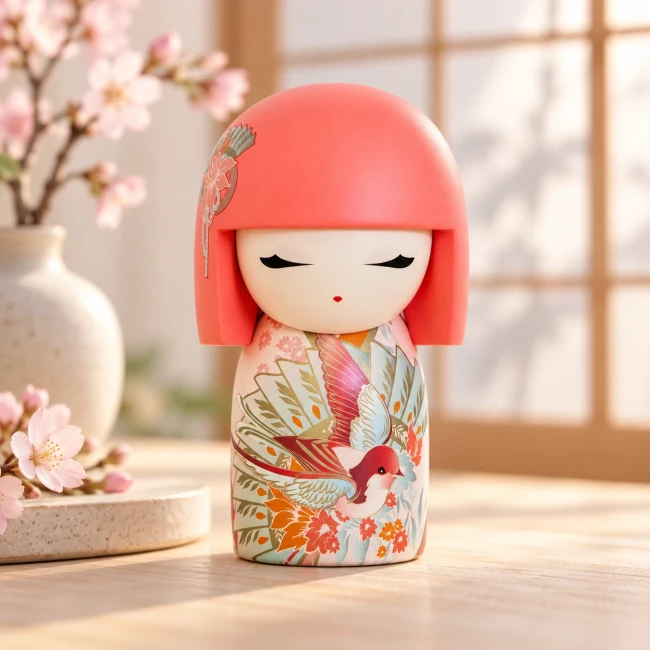 Figurine Kimmidoll Hiyori – Harmonie – 10 cm | Modern and Past Figurine Kimmidoll Hiyori 10 cm, Kokeshi rose corail avec moineau et fleurs japonaises – Modern and Past
