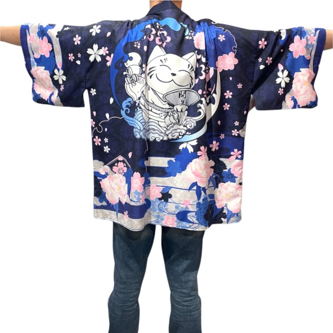 Kimono moderne japonais unisexe – Maneki Neko bleu
