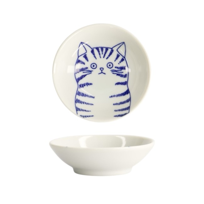 Coupelle japonaise à sauce chat Dora bleu en porcelaine Shichita