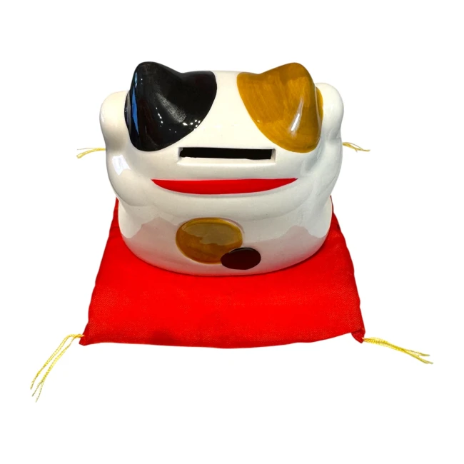 Dos de la tirelire japonaise Maneki Neko Calico en céramique chez Modern and Past