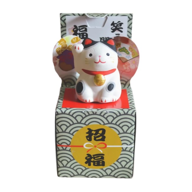Maneki Neko mini blanc – Figurine porte-bonheur fabriquée au Japon Maneki Neko mini blanc oreilles noires – Chat porte-bonheur japonais
