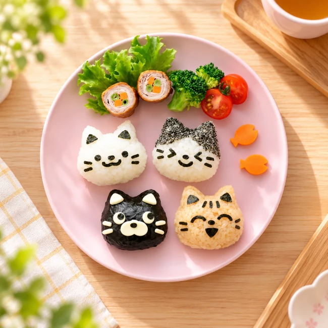 Kit moule à onigiri chat Neko Kao rose avec emporte-pièces Arnest Japon - Modern and Past