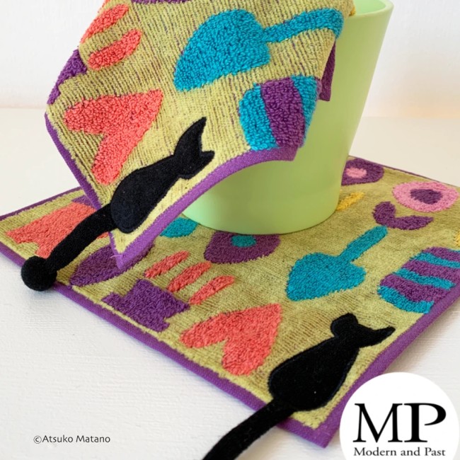 Mini serviette japonaise violette en coton éponge motif chat Gardening Atsuko Matano fabriquée au Japon