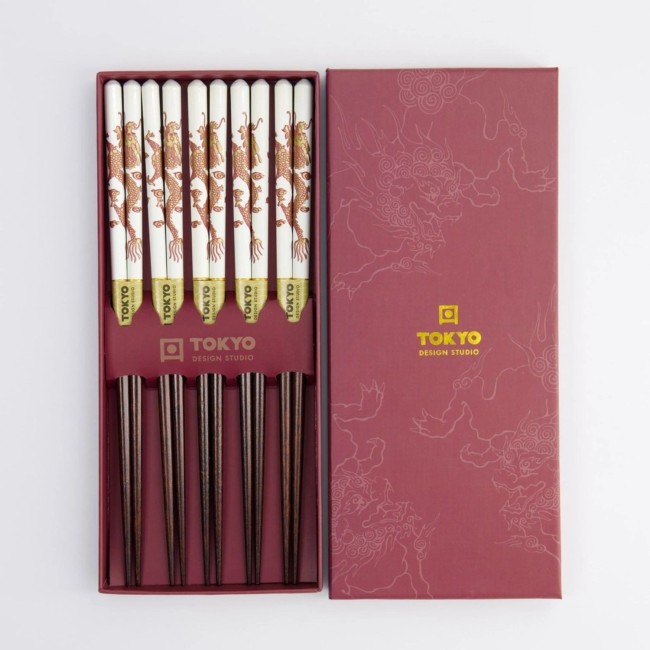 Coffret de 5 paires de baguettes japonaises en bois motifs dragon doré Tokyo Design