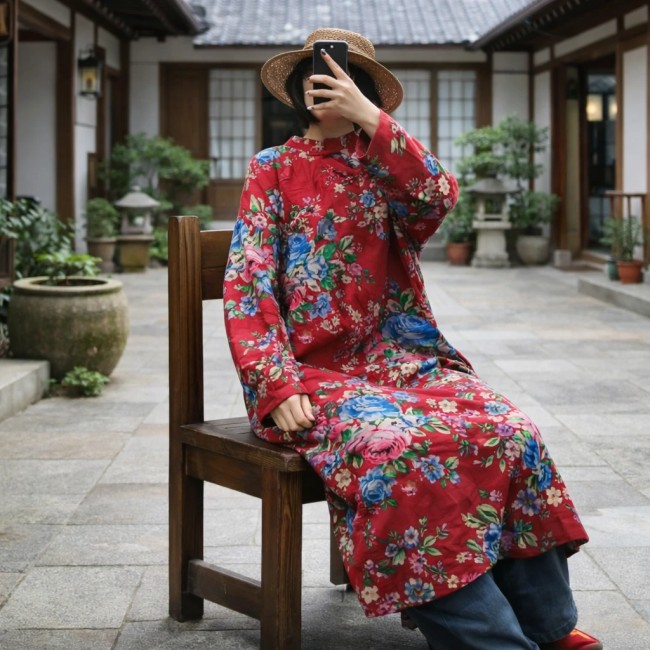 manteau asiatique long rouge coton double couche motifs fleurs