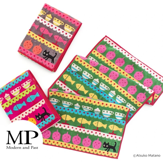 Serviette japonaise fuchsia en coton motif chat MMBB Atsuko Matano