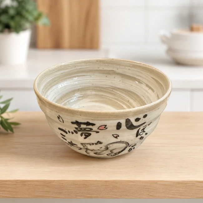 Bol japonais chat Warabeuta Neko fait main au Japon - Modern and Past Bol japonais chat Warabeuta Neko en porcelaine de Mino - Modern and Past
