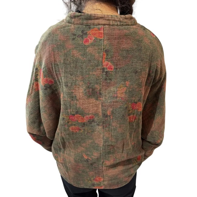 Manteau asiatique matelassé kaki marron motifs fleurs Manteau asiatique matelassé kaki marron à fleurs