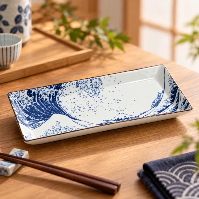 Assiette Hokusai rectangulaire en porcelaine japonaise - Modern and Past Assiette japonaise rectangulaire Hokusai Grande Vague de Kanagawa et Mont Fuji - Modern and Past