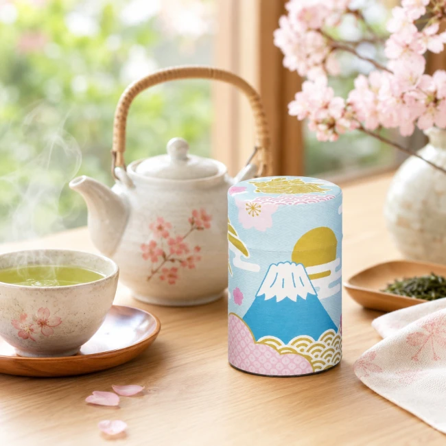 Boîte à thé japonaise Fuji Kotobuki motif Mont Fuji pastel - Modern and Past