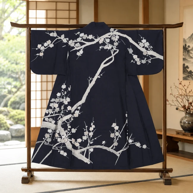 kimono traditionnel japonais femme noir motifs sakura gris