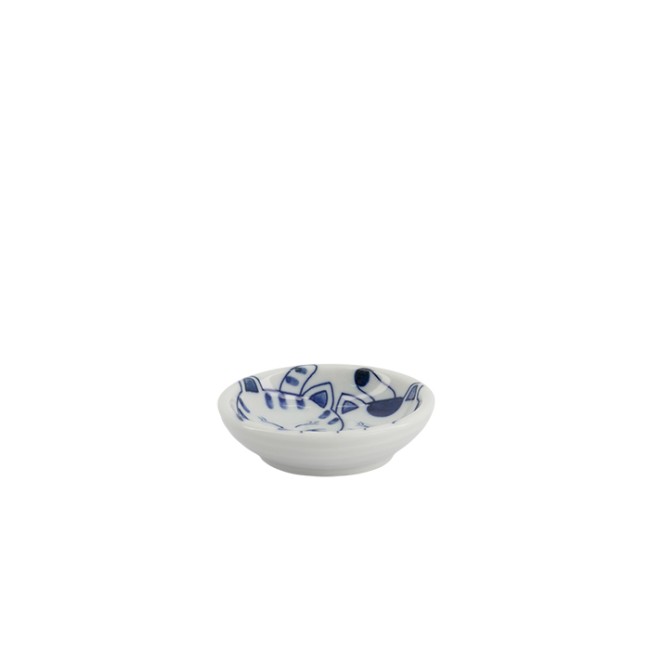Coupelle japonaise à sauce en porcelaine motif chats Neko bleus fabriquée au Japon  - vue en biais