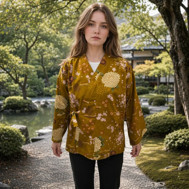 Veste femme haori dorée en coton japonais portée croisée sur le côté