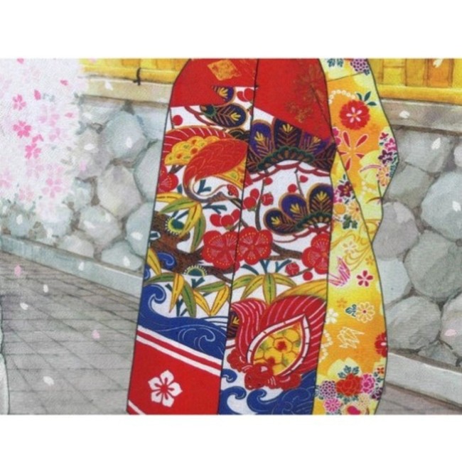 Noren japonais Sakura Kiyomizu avec geisha et cerisiers en fleurs fabriqué au Japon