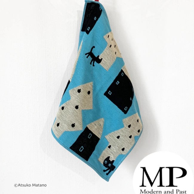 Serviette japonaise en gaze de coton bleue motif chat Maze Atsuko Matano fabriquée au Japon