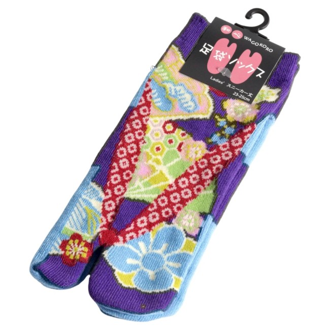 chaussettes tabi japonaises motif geta fleurs violet