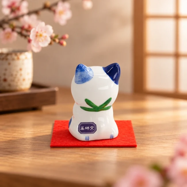 Chat Neko japonais porte-bonheur carpe Koi en porcelaine - Modern and Past Figurine japonaise chat Neko carpe Koi rouge Yakushigama - Modern and Past