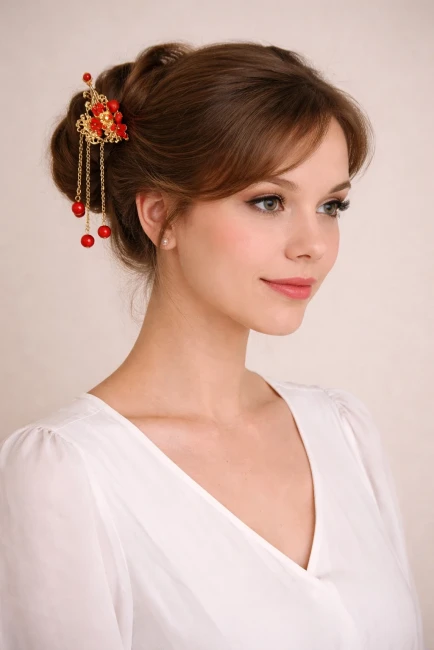 Pic à cheveux japonais fleurs rouges porté en chignon chez Modern and Past