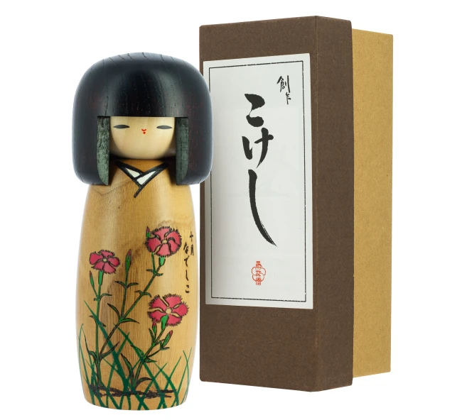 Kokeshi Nadeshiko japonaise artisanale aux œillets roses - Modern and Past Poupée Kokeshi Nadeshiko faite main au Japon œillets roses - Modern and Past