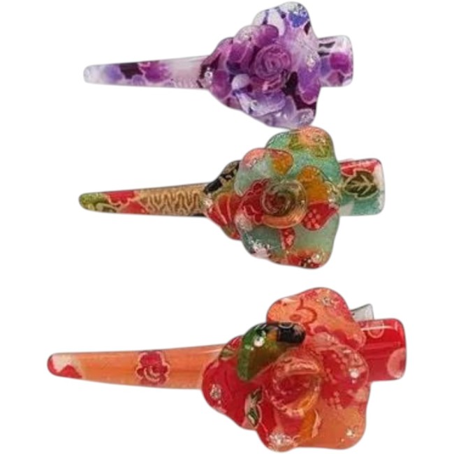 Pince à cheveux japonaise en tissu chirimen rose et rouge