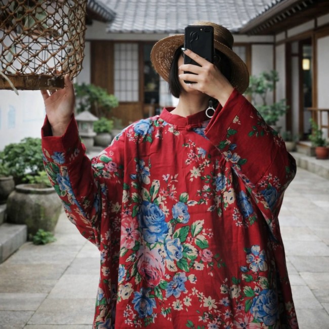 manteau asiatique long rouge coton double couche motifs fleurs