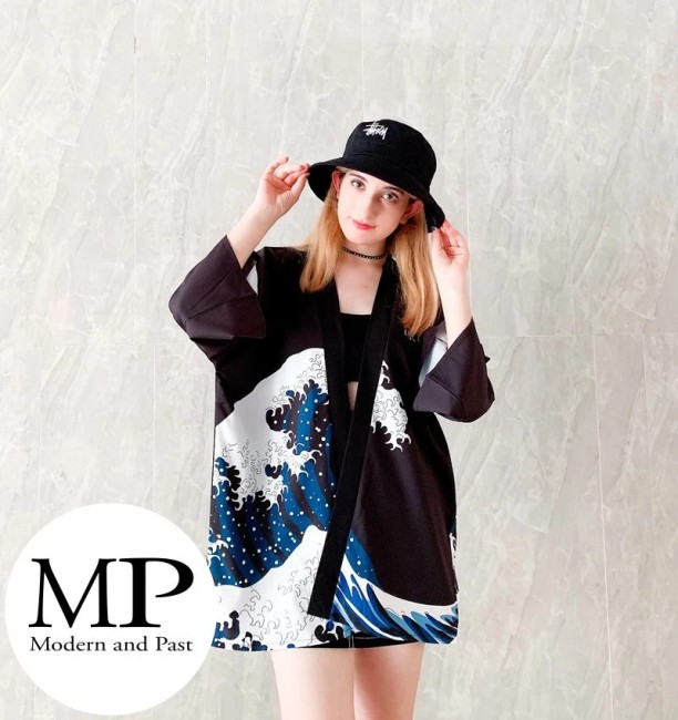 Kimono moderne japonais unisexe motif Vague de Kanagawa et carpe Koï