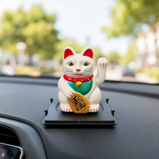 Mini chat porte-bonheur solaire Maneki Neko blanc sur tableau de bord Modern and Past